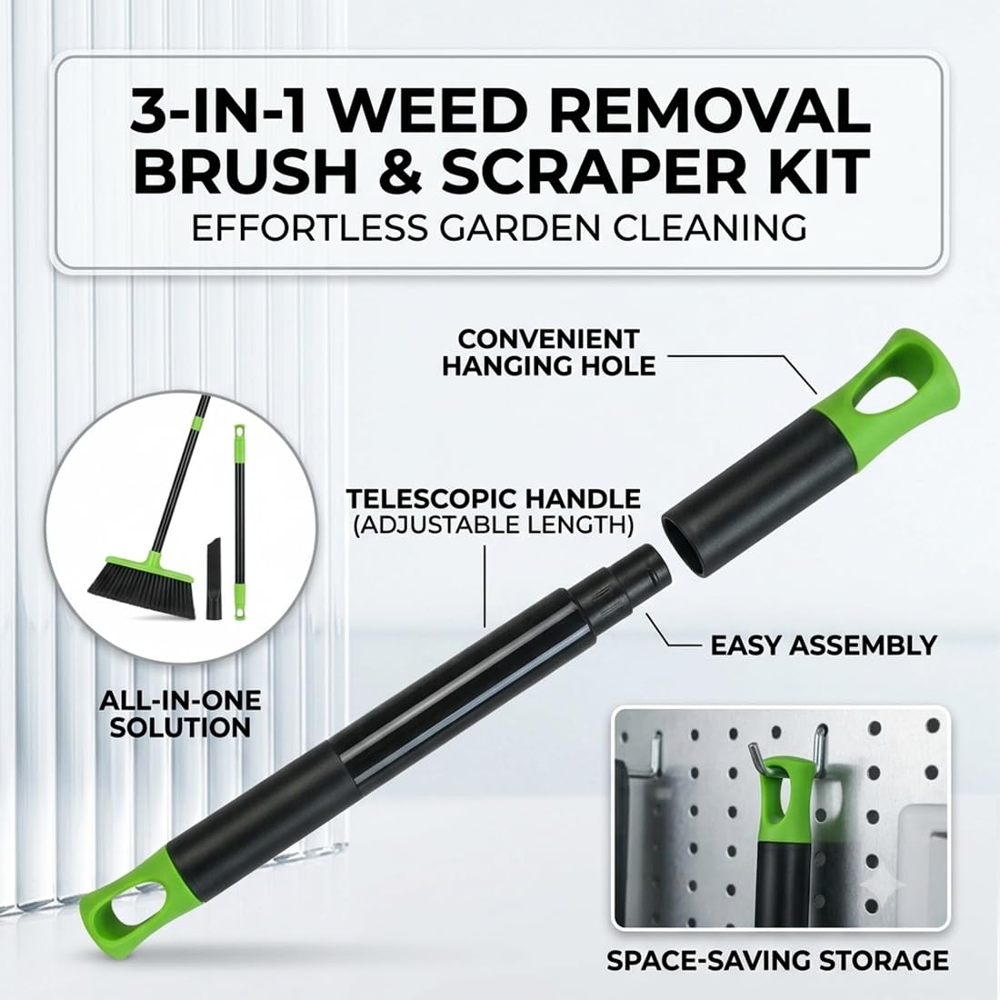 Set de cepillos quitamalezas 3 en 1, Herramienta para Juntas de adoquines con Mango Largo Desmontable, Cepillo de Alambre y rascador para Patio, Entrada, Sendero y jardín (2 Pcs - B)