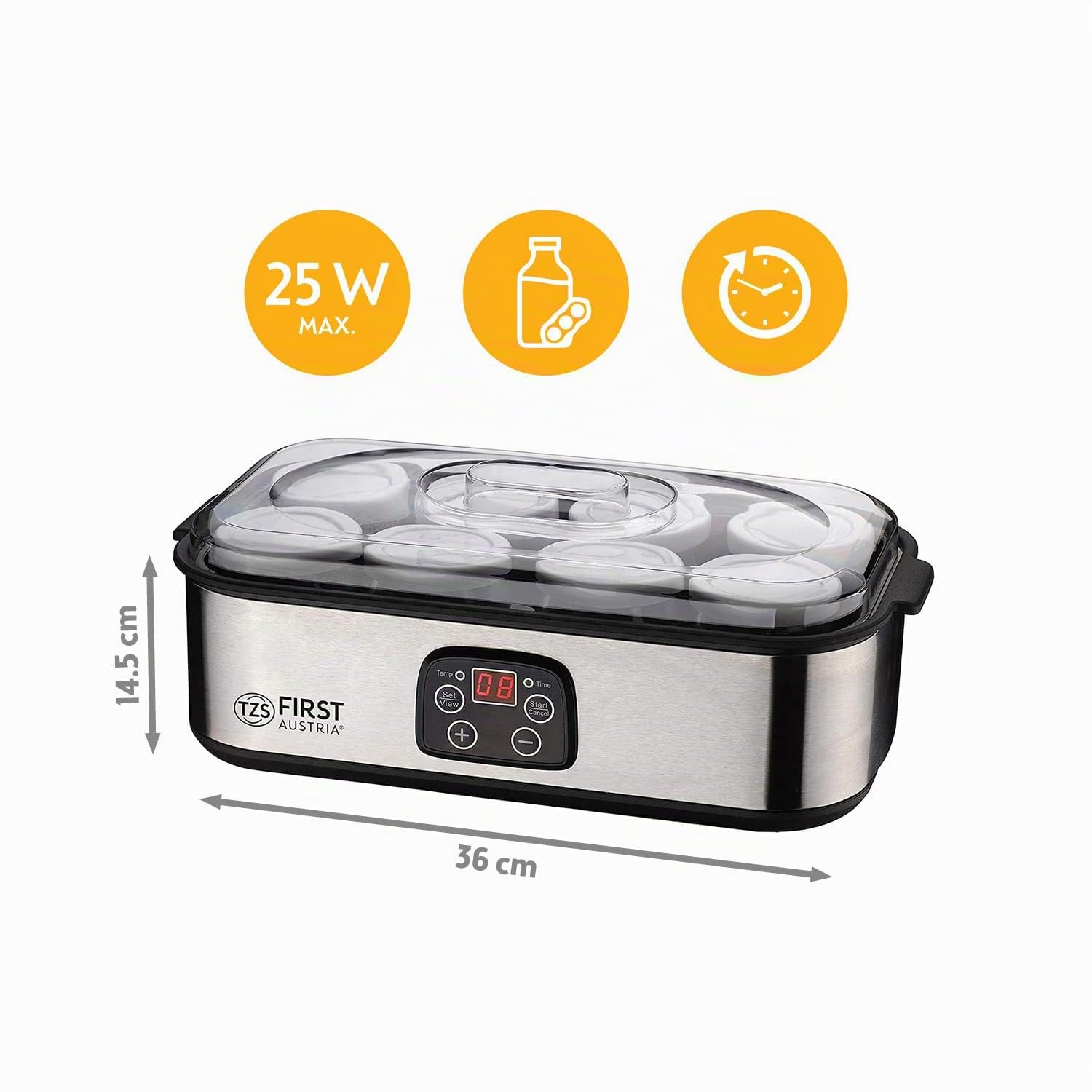 TZS First Austria - Yaourtière électrique 25W avec 8 pots en verre de 180 ml pour jusqu'à 1,4L de yaourt fait maison - Avec température de 20-55°C, arrêt automatique et écran LCD - Blanc