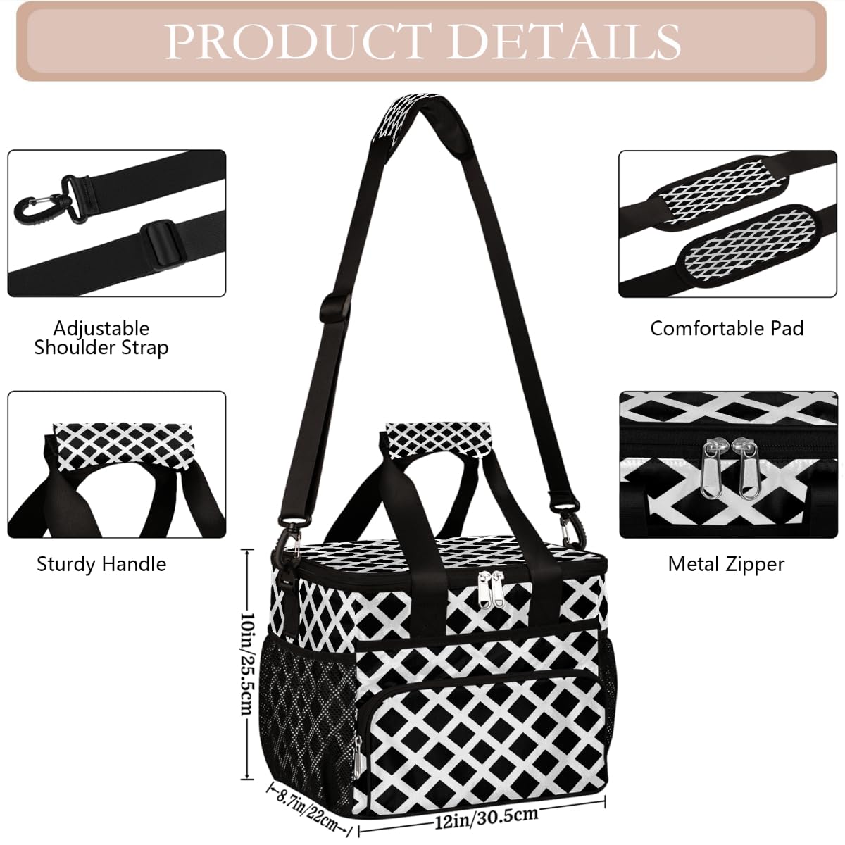 Grande borsa termica da campeggio per picnic, griglia a scacchi bianca e nera, stampa geometrica, pieghevole, portatile, da viaggio, borsa per il pranzo e contenitore per il pranzo, per uomini e donne