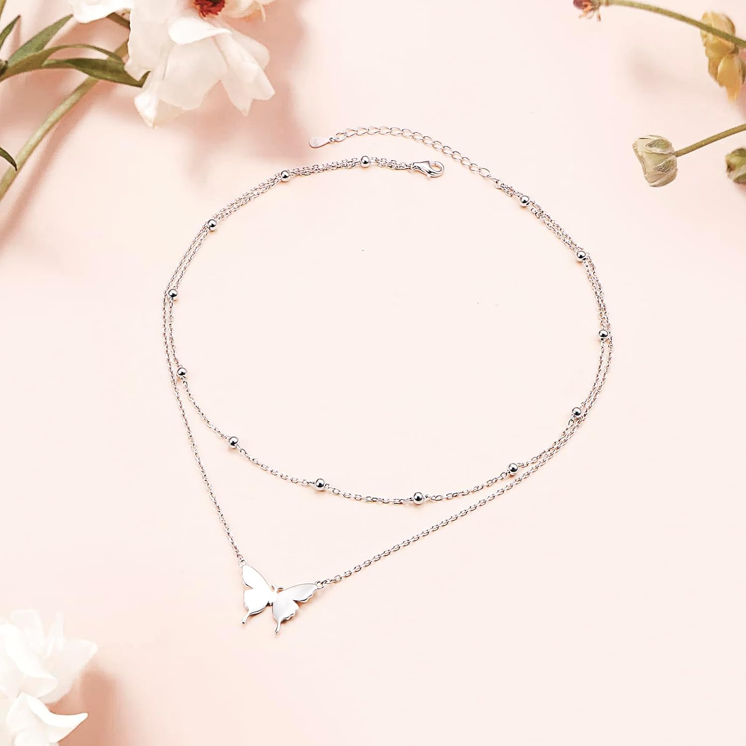 DAOCHONG S925 Sterling Silver Choker Short Dainty Butterfly 2 Layered Double Multilayer Necklace Pendant for Women Jewelry Gift - Image 4