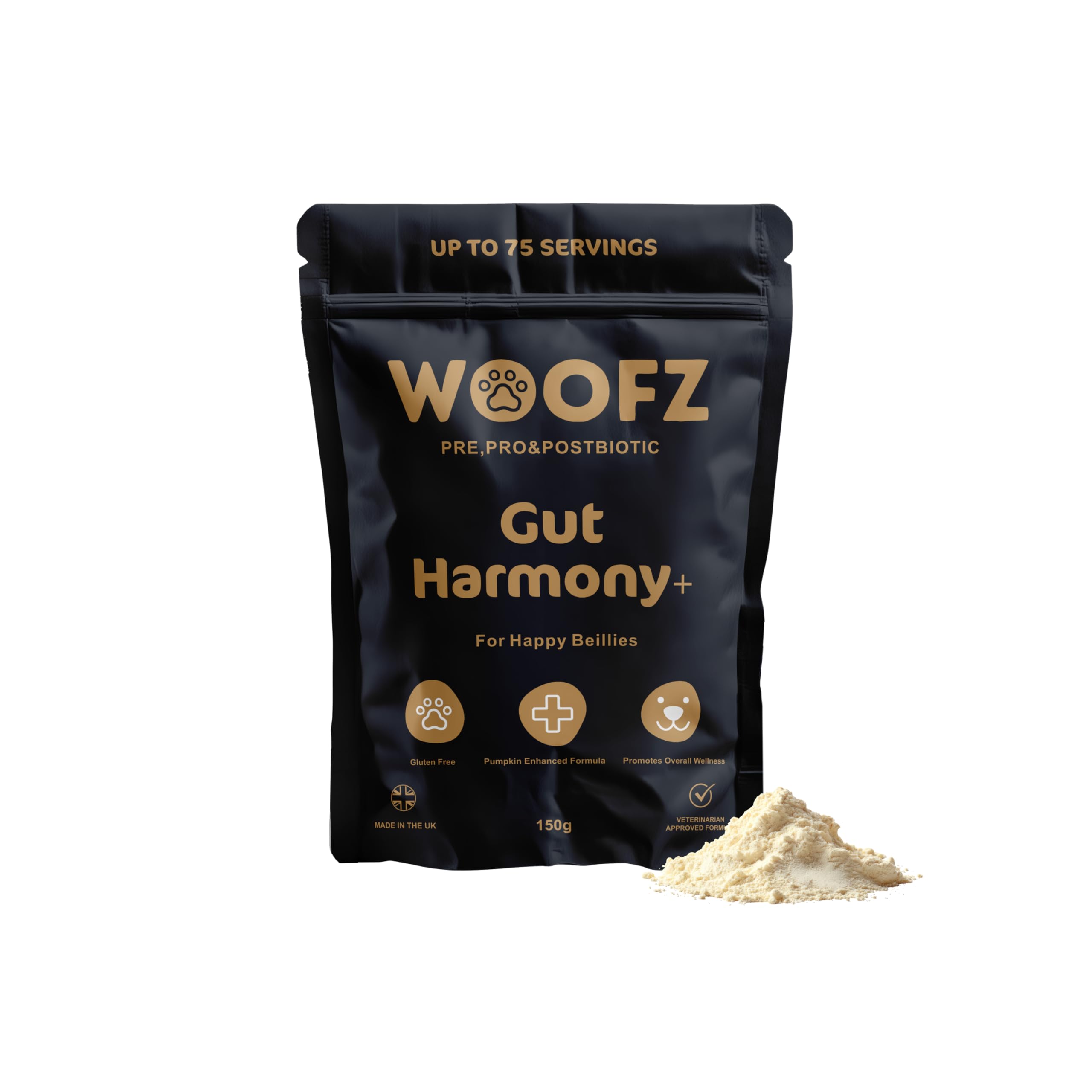 WOOFZ Gut Harmony + Dog Digestive Supplement Powder, Pre, Pro & Postbiotic, Pumpkin-Enhanced, Gluten-Free, 150g, up to 75 Servings