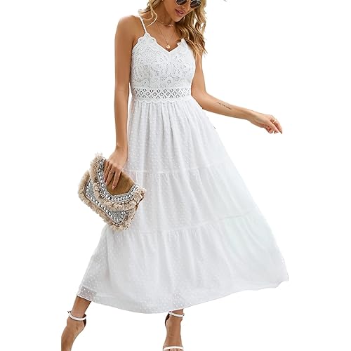 Dokuritu Women's Beach Crochet Lace Maxi Dress Solid Color Summer Vacation Spaghetti Strap Long Dress 2024