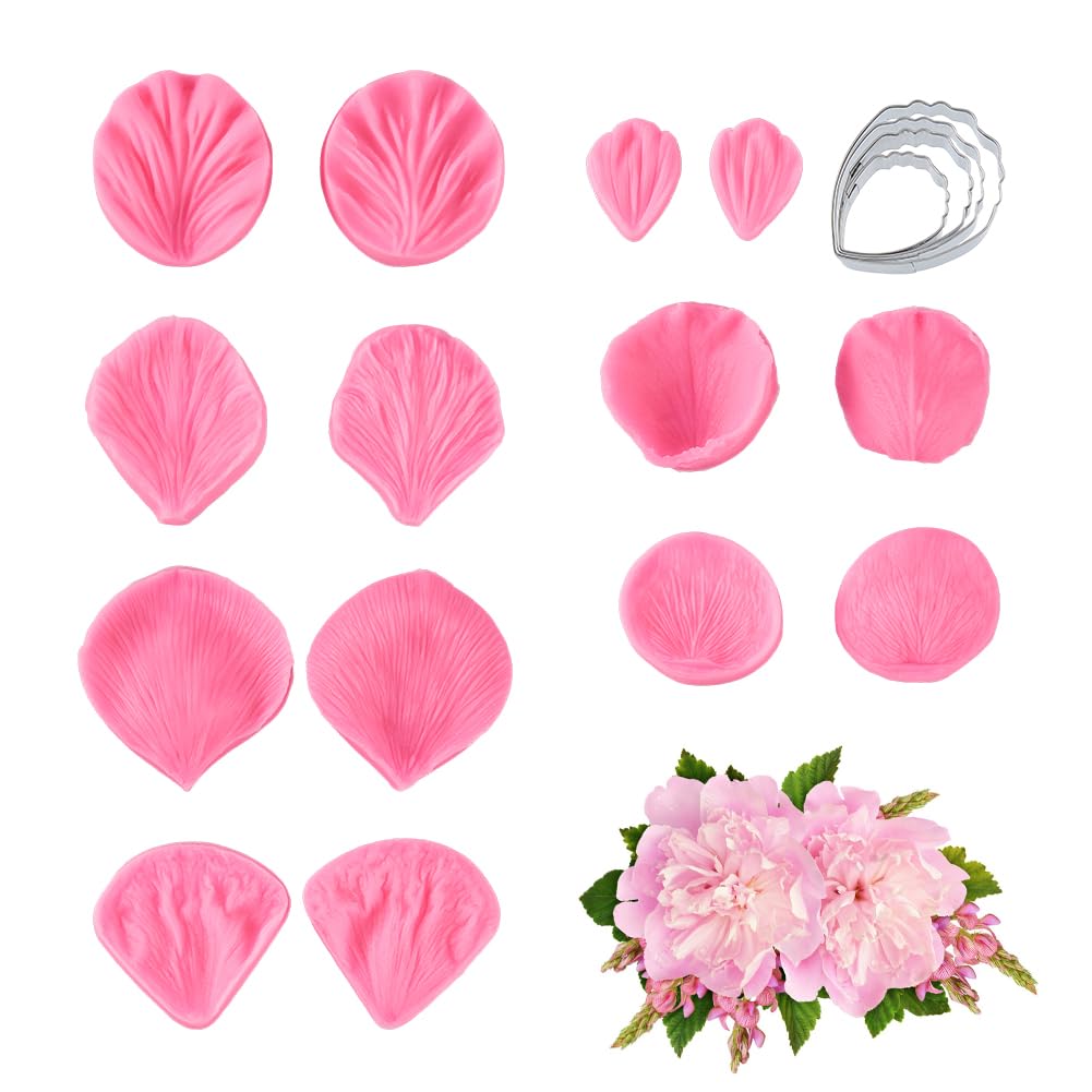 SUPERFINDINGS 1 Set Hibiskusblüten-Formen mit Edelstahl-Schneidrahmen zum Backen, Pfingstrosen-Ausstecher-Set und Adern für Zuckerpaste, Blumen-Backwerkzeug für Fondant, Schokolade