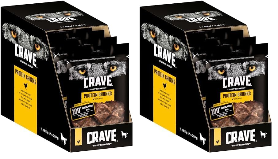 Crave Hundesnacks Protein Chunks mit 100% natürlichem Huhn, 12 Packungen (6 x 55 g)
