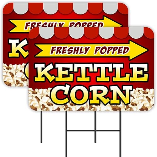 Kettle Corn - Paquete de 2 letreros de doble cara para patio de 16 x 24 pulgadas con estacas de metal (fabricado en Texas)