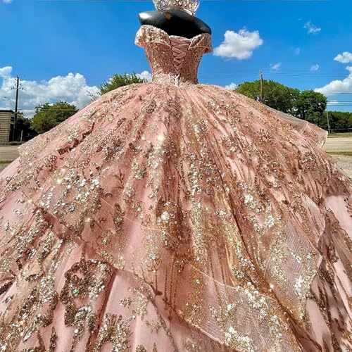 TRHTX Ruffle Layered Tulle Quinceanera Dresses Off Shoulder Sweet 16 Dresses Gold Gold Appliquess Sparkly Ball Gown4