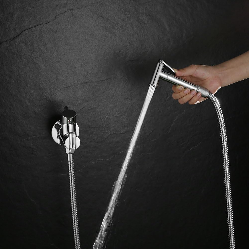 Kibath L473551 Grifo para el WC, higiene íntima para sustitución del Bidet, Monomando Agua fría y Caliente con Ducha de Mano. Diseño Redondo, Cromo Brillo