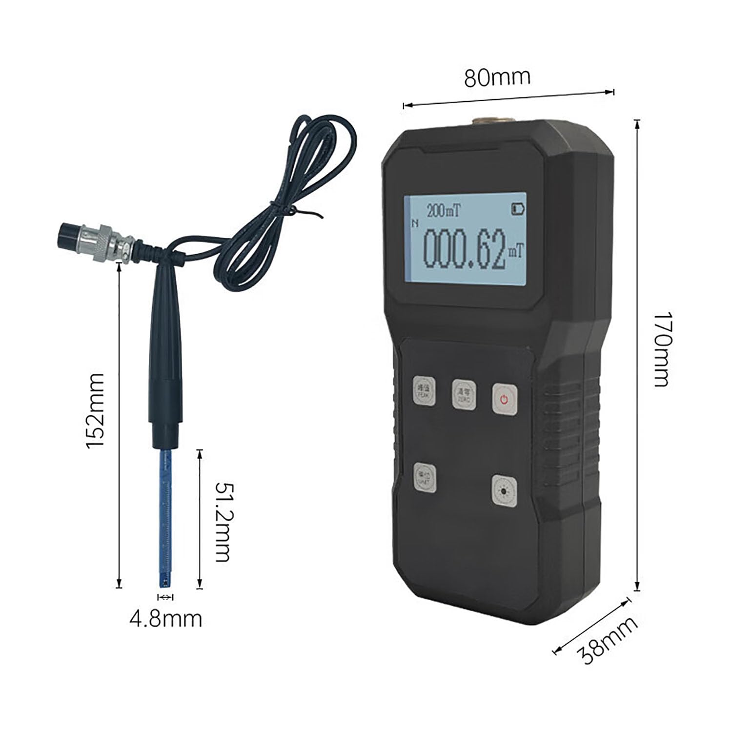 Detektor pola magnetycznego, ręczny cyfrowy gaussmeter, zakres pomiarowy 0-2000 mT (20000 G), obsługa konwersji jednostek, automatyczna kalibracja zerowa, przeznaczony do warsztatów