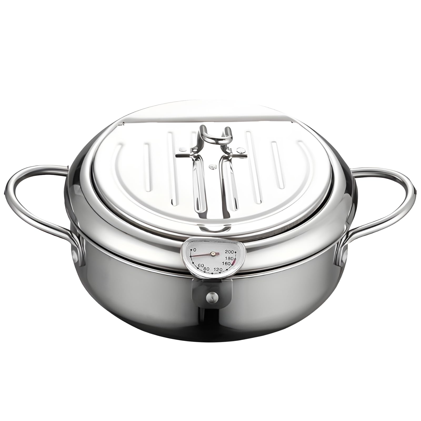 Packool Silver Japanese 304 Stainless Steel Deep Fryer Pot, 2.2L Tempura Fryer, Oil Strainer With Thermometer, And Heat-Resistant Handles, For Home Cooking, Frying Tempura, And More