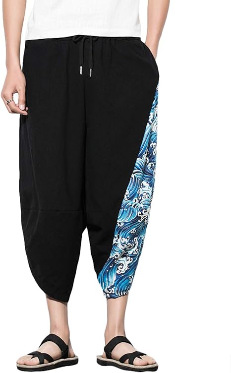 Amazon Yffushi メンズ サルエルパンツ ワイドパンツ アラジンパン M 5xl メンズ 7分サルエルパンツ 七分丈 綿 黒 全6柄 和風 調整紐 ミディアムパンツ 通販