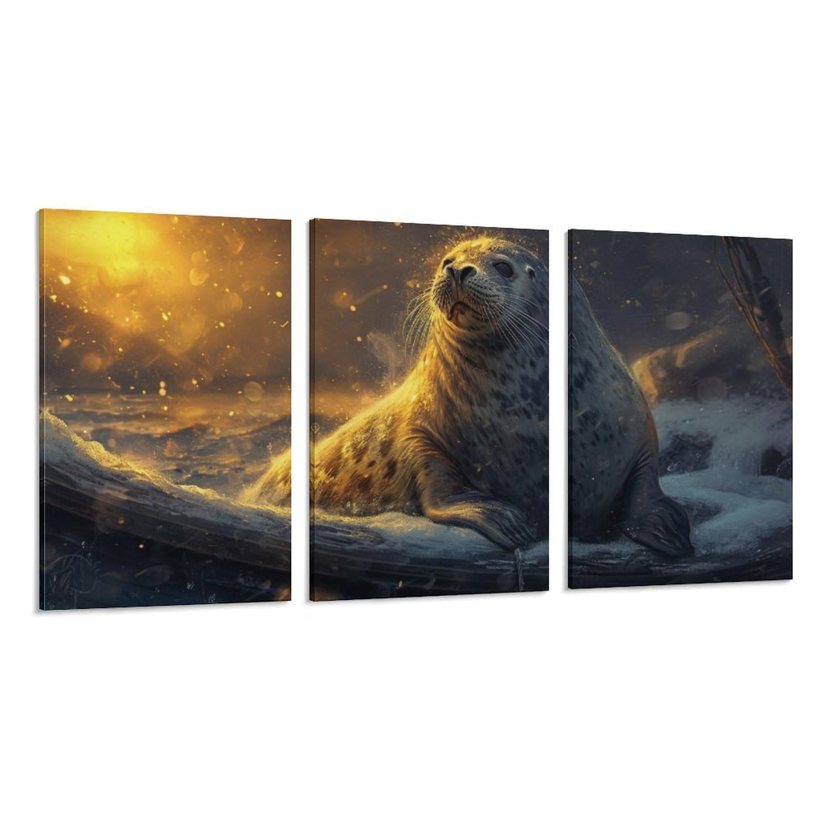 Amazon.co.jp: 3枚 夜間照明の下で船上のアザラシ 絵画 インテリア 