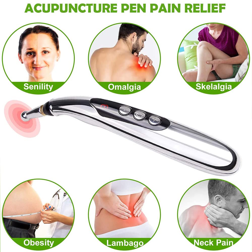 Akupunkturstift, 5-in-1 Leistungsstarker Meridian-Energiestift zur Schmerzlinderung mit 3 Massageköpfen, USB wiederaufladbar (inklusive Massagegel)