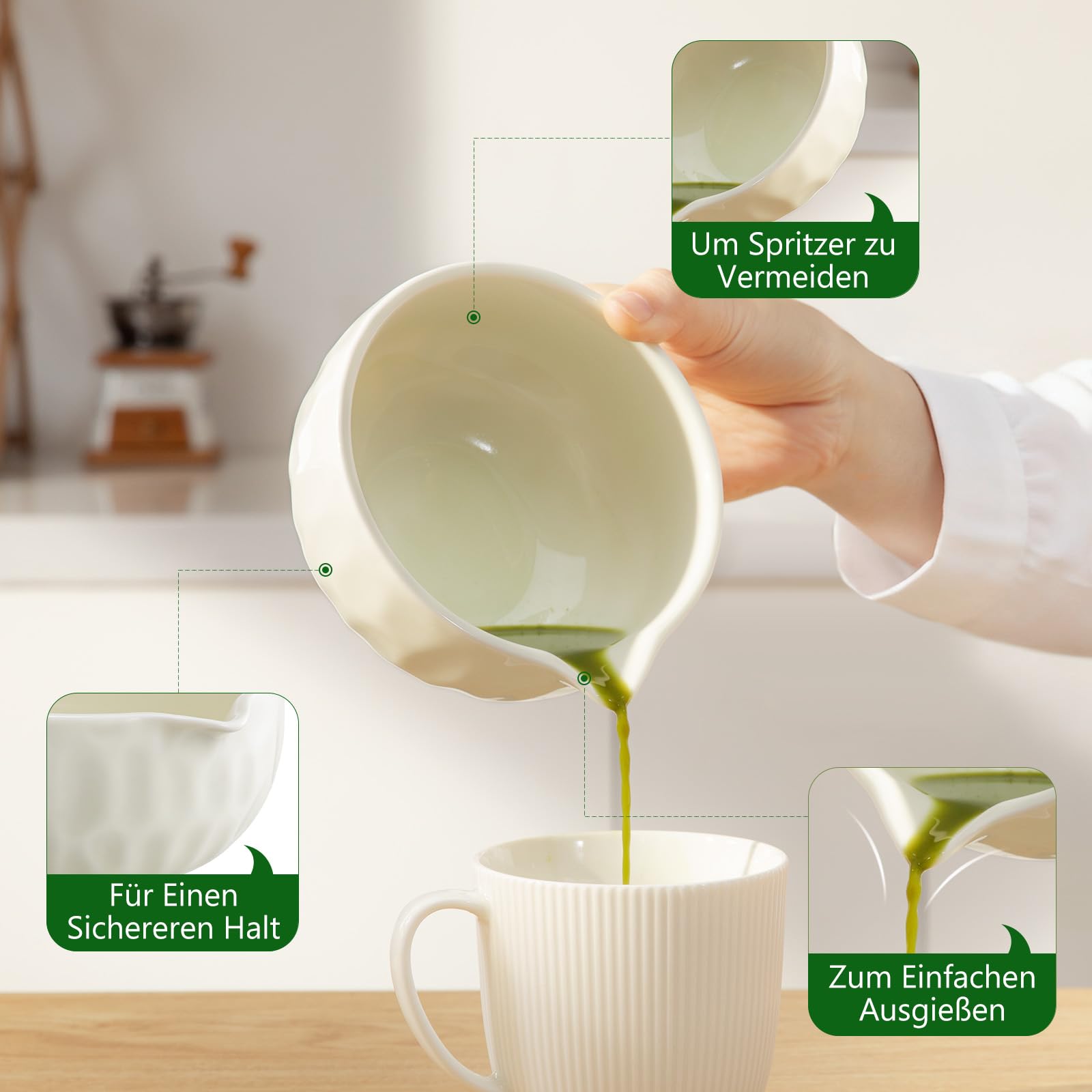 Matcha Kit 8 Piezas – Set para la Ceremonia Japonesa del Té con Cuenco con Pico, Batidor de Bambú (Chasen), Soporte, Chashaku y Tamiz – Regalo para Amantes del Matcha, Beige