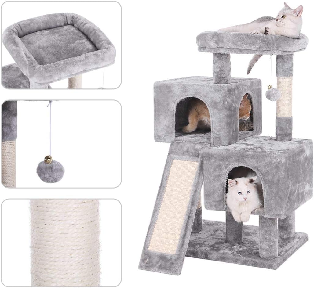 BEWISHOME Cat Tree Condo with Sisal Scratching Posts, Scratching Board, Plush Perch and Dual Houses, Cat Tower Furniture Kitty Activity Center Kitten Play House, Light Grey MMJ10G