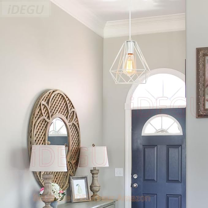 iDEGU iDEGU Vintage hanglamp kroonluchter, industriële plafondlamp, plafondlamp, kooivorm, metaal, retro, verlichtingsdecoratie voor slaapkamer, woonkamer, eetkamer (wit, 20 cm) photo 2