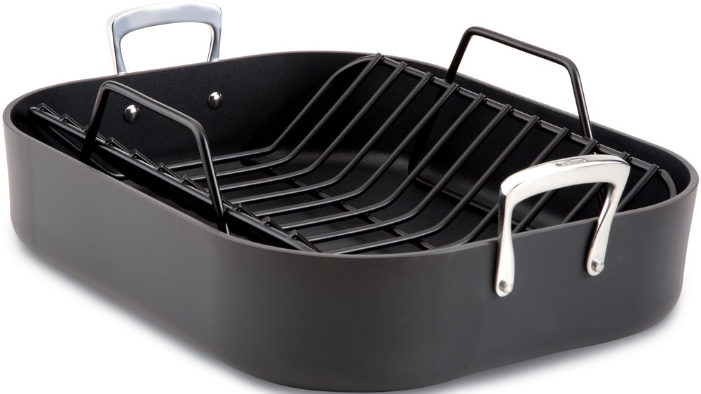 E87599 Hard Anodized Aluminum Scratch Resistant Nonstick Anti-Warp Base 16-Inch by 13-Inch Large Roaster Roasting Pan with Nonstick Rack/Cookware, Black