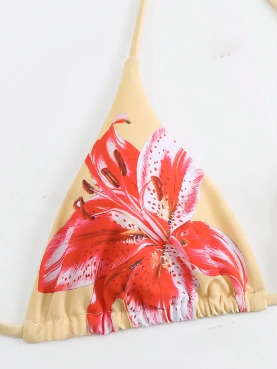 ZAFUL Womens 3pcs Swimsuit Floral Halter Triangle Bikini Top Tie Side Bottom with Long Sheer Cover Up Skirt - Image 2