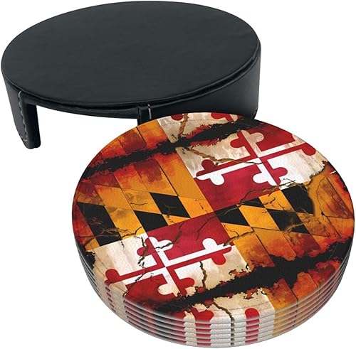 Miniatura 3 de Posavasos de madera vintage con soporte para bebidas con la bandera de Maryland, juego de 6, posavasos redondos impresos para escritorio de café,