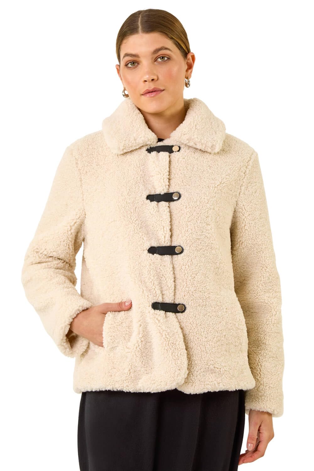 Roman Originals Women's Cream Textured Borg Collared Jacket For Uk - Everyday Autumn Winter Round Neckline Comfy Soft Evening Vacation Work Party Night Out - Size 18