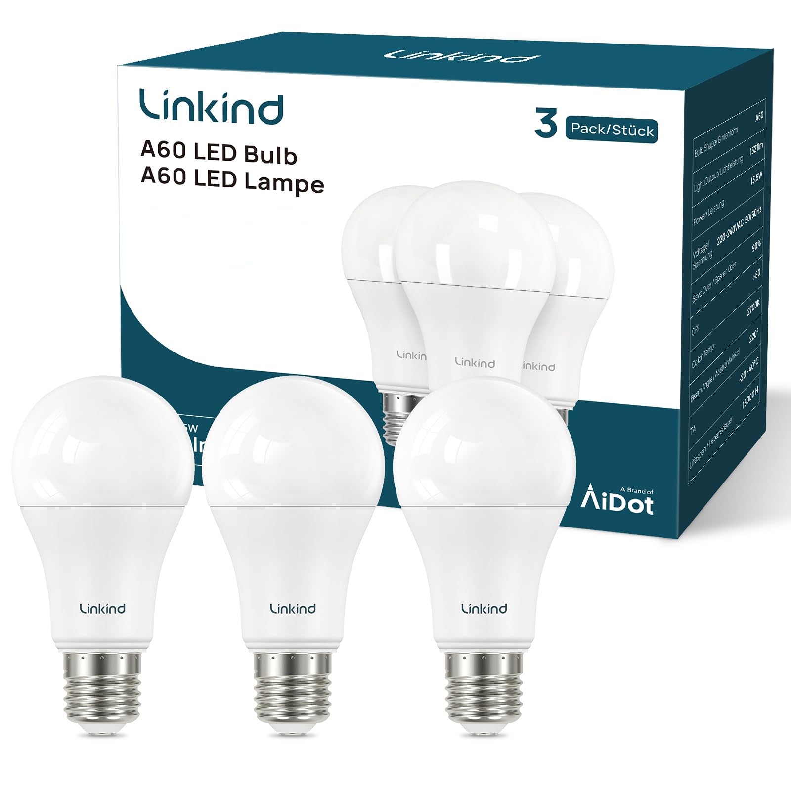 Linkind E27 Screw Bulbs 13.5W, Daylight 5000K E27 LED Bulb, 100W Equivalent 1560LM, Large Screw in LED Light Bulb, Energy Saving ES GLS Bulbs for Lamps, Non-Dimmable, Pack of 3