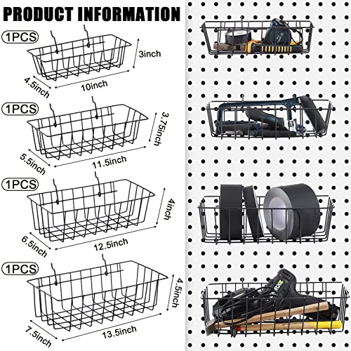 4 Pack Pegboard Baskets, 4 Sizes Black Metal Wire Pegboard Baskets Bins Set, Pegboard Accessories Wall Mount Organizer Attachments For Organizing Various Tools For Storage Home Office Garage #TOP1