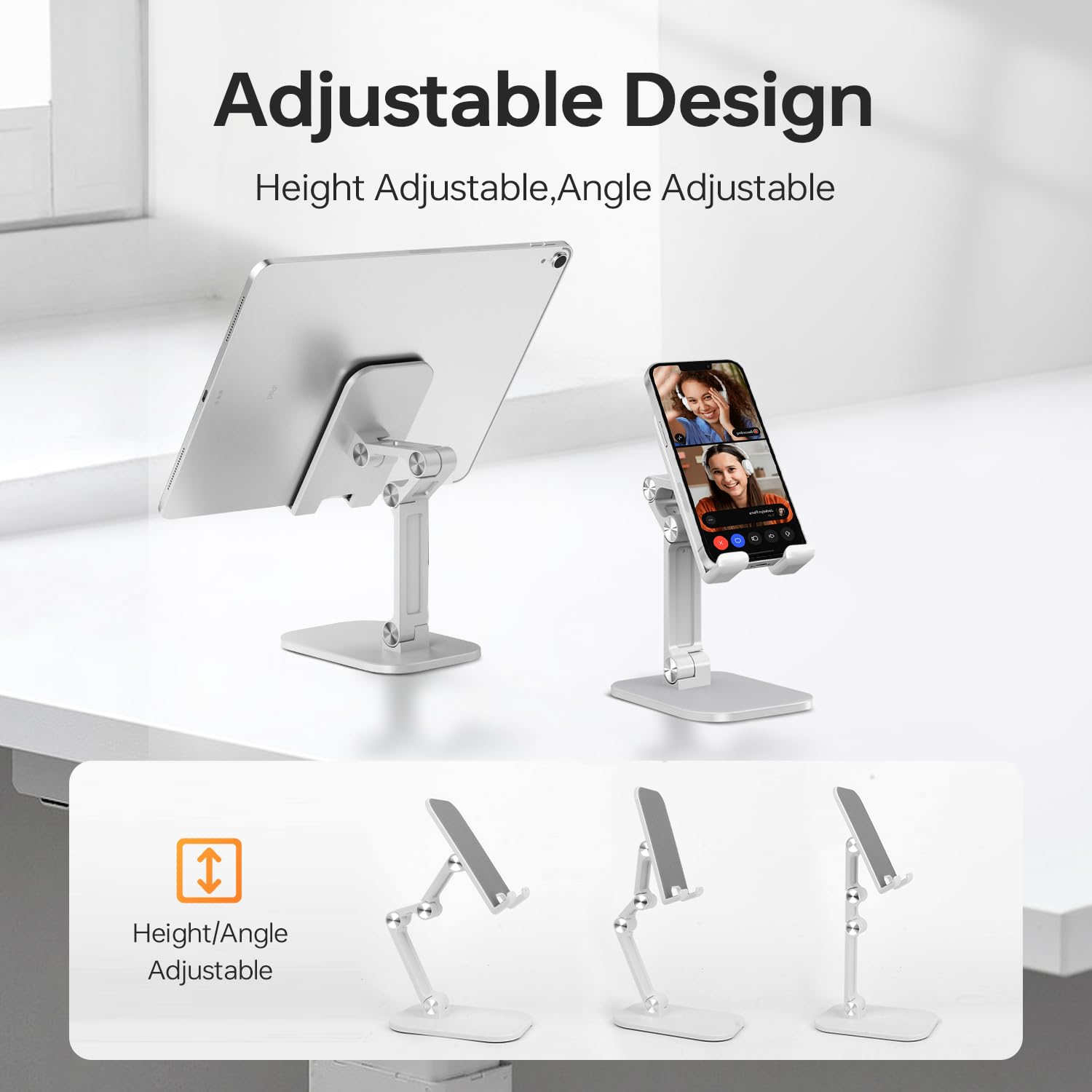 Soporte plegable para teléfono para escritorio, altura y ángulo ajustables, soporte portátil para tableta con base antideslizante para el hogar, la oficina y los viajes, compatible con iPhone