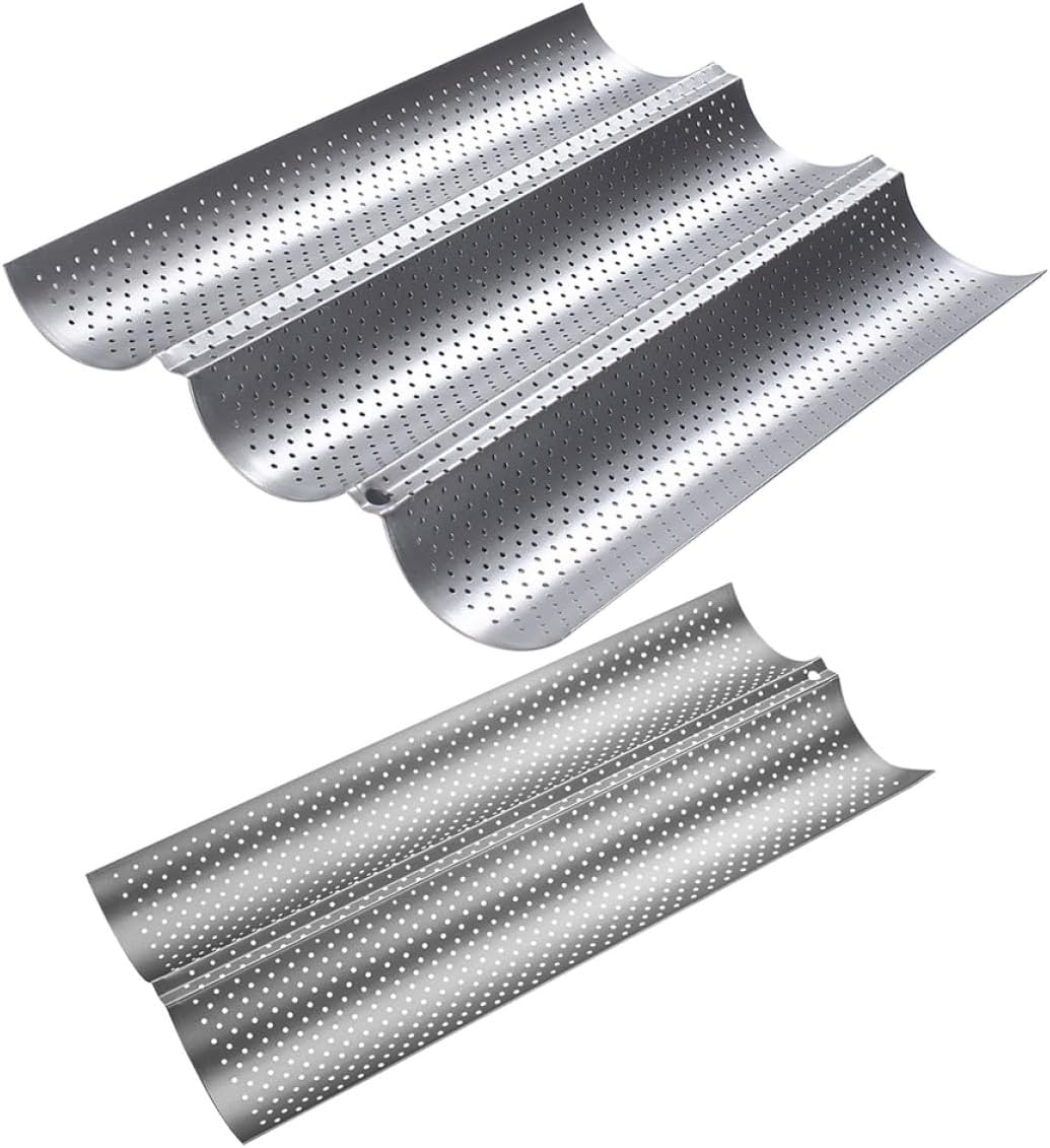 2pcs Nonstick Perforated Silver French Bread Bake Mold Set with 3-Slot Medium and 2-Slot Small Wave Stick Loaf Pans for Oven Baking