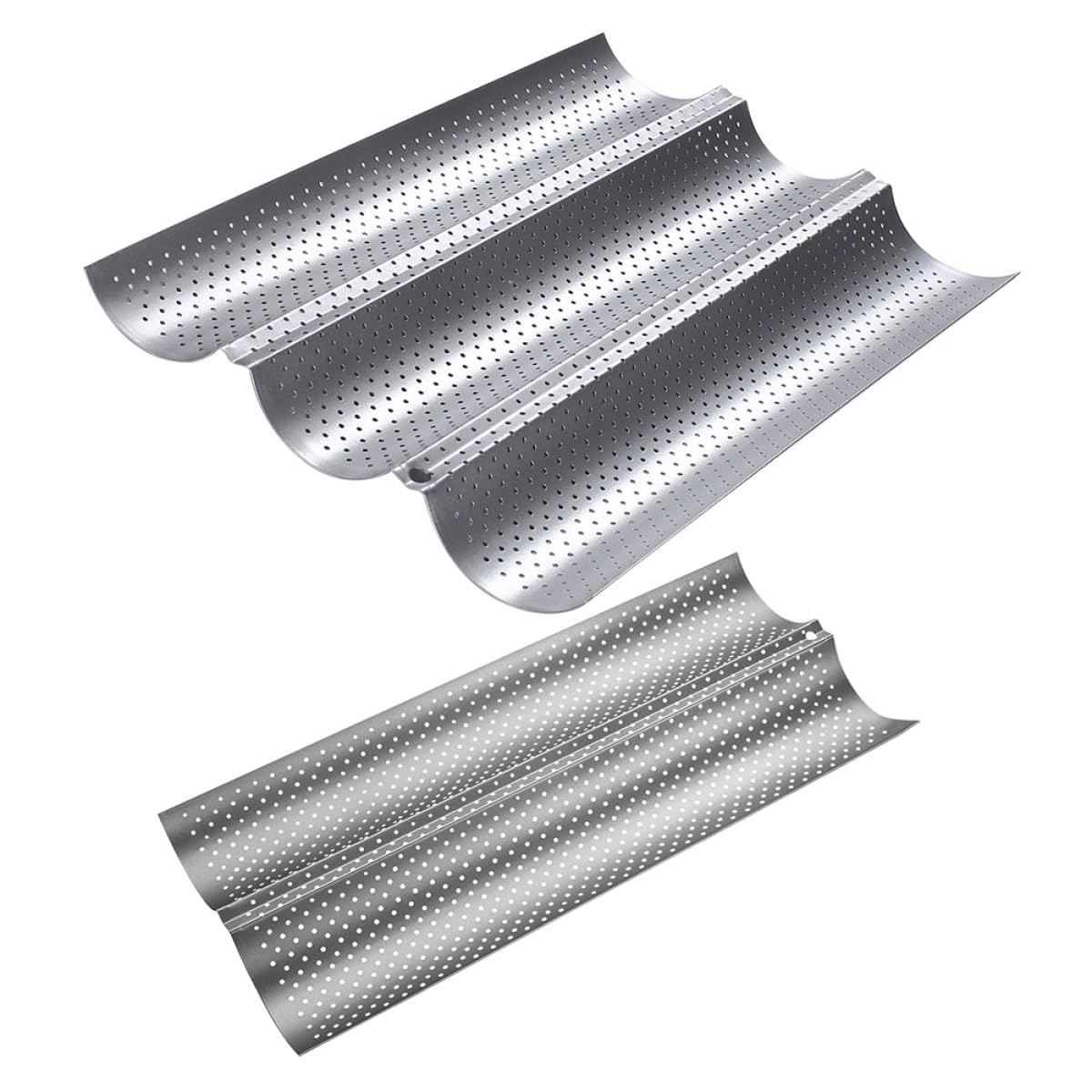 FRCOLOR Molde para Hornear Baguette de Acero Inoxidable 2 Piezas, Bandeja Antiadherente Perforada Plateada, Tamaño Medio y Pequeño, Adecuado para Pan Artesanal y Tostadas en Horno