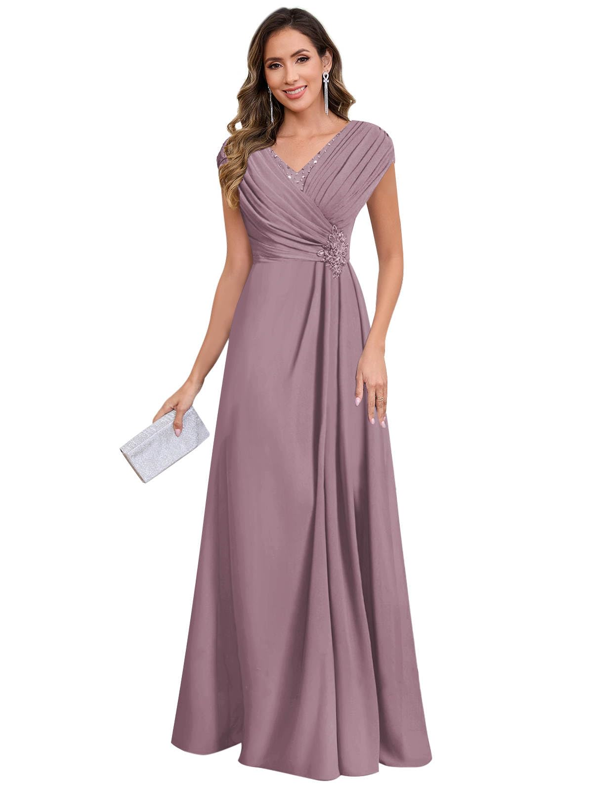 GUKARLEED Women’s Wrap Pleated Mother of The Bride Dresses with Cap Sleeves Beading Chiffon V Neck Wedding Guest Formal Dress Wisteria 10
