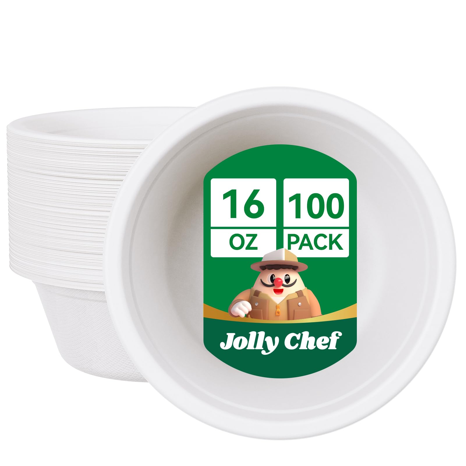 JOLLY CHEF Compostable Disposable Biodegradable Bagasse Bowls, Paper Bowl [16 oz] Strong Soup Containers [50 Pack] Hot Cold Food Eco-Friendly Sugarcane Microwavable Bowls for Salad Milk