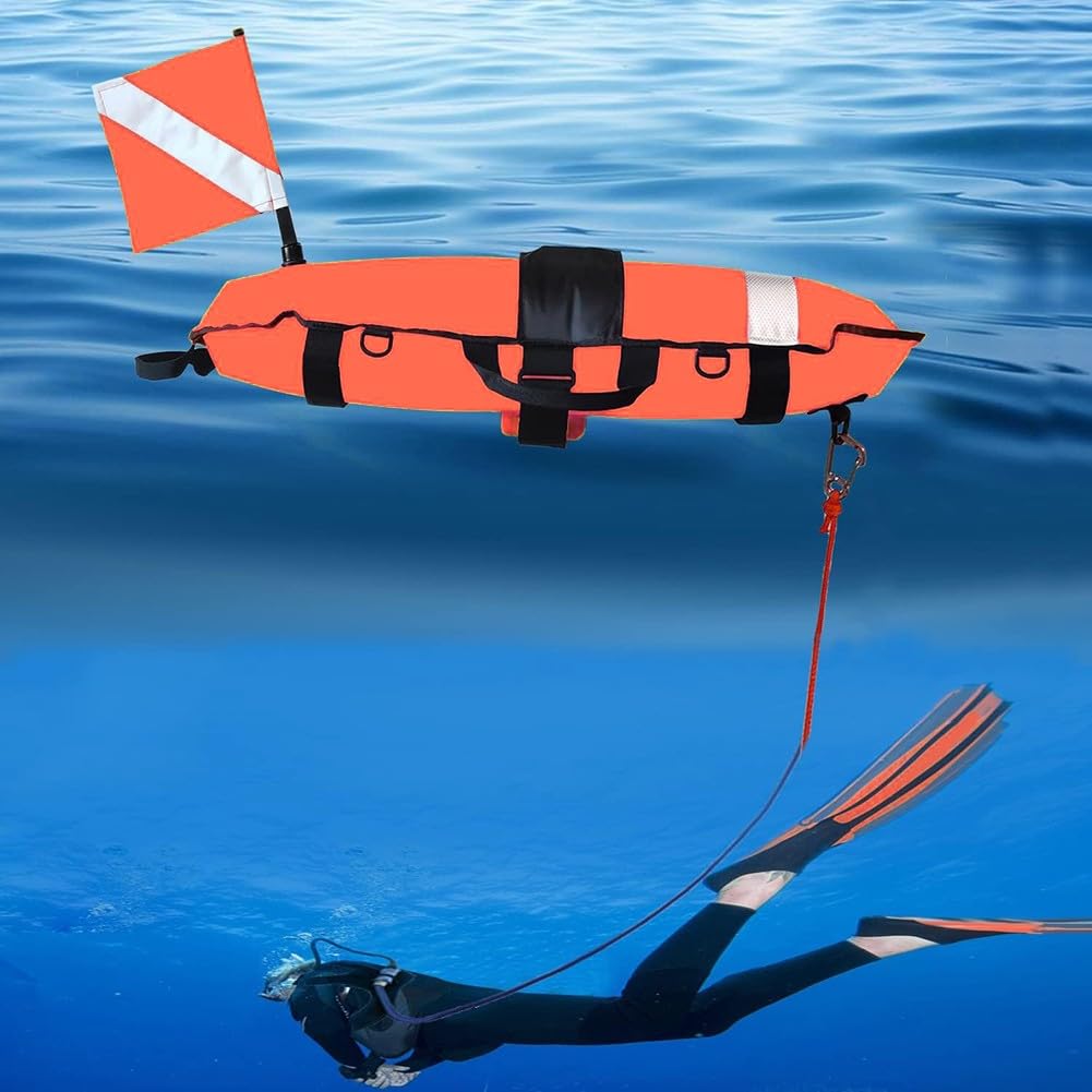 Boya flotante de pesca submarina con bandera de buceo, 83 x 25 x 25 cm, nailon 210D, 560 g, buceo libre