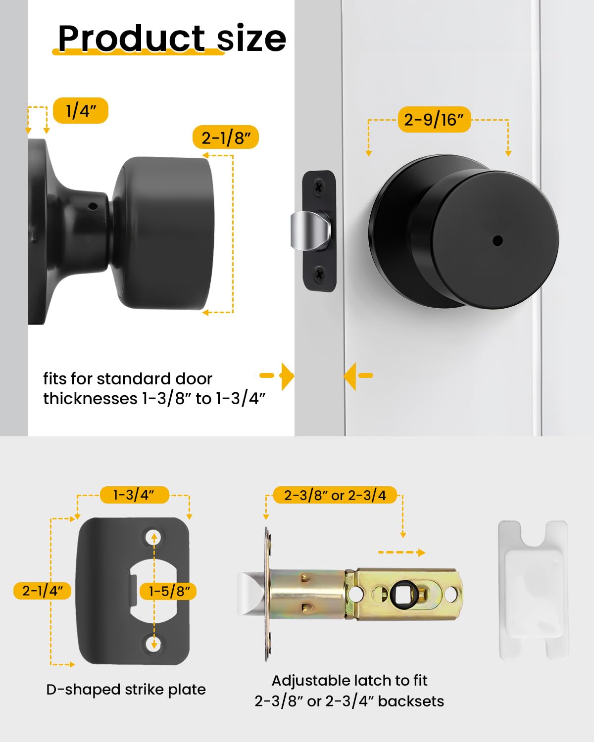 Matte Black Door Knobs - 6 Pack Privacy Locks -6