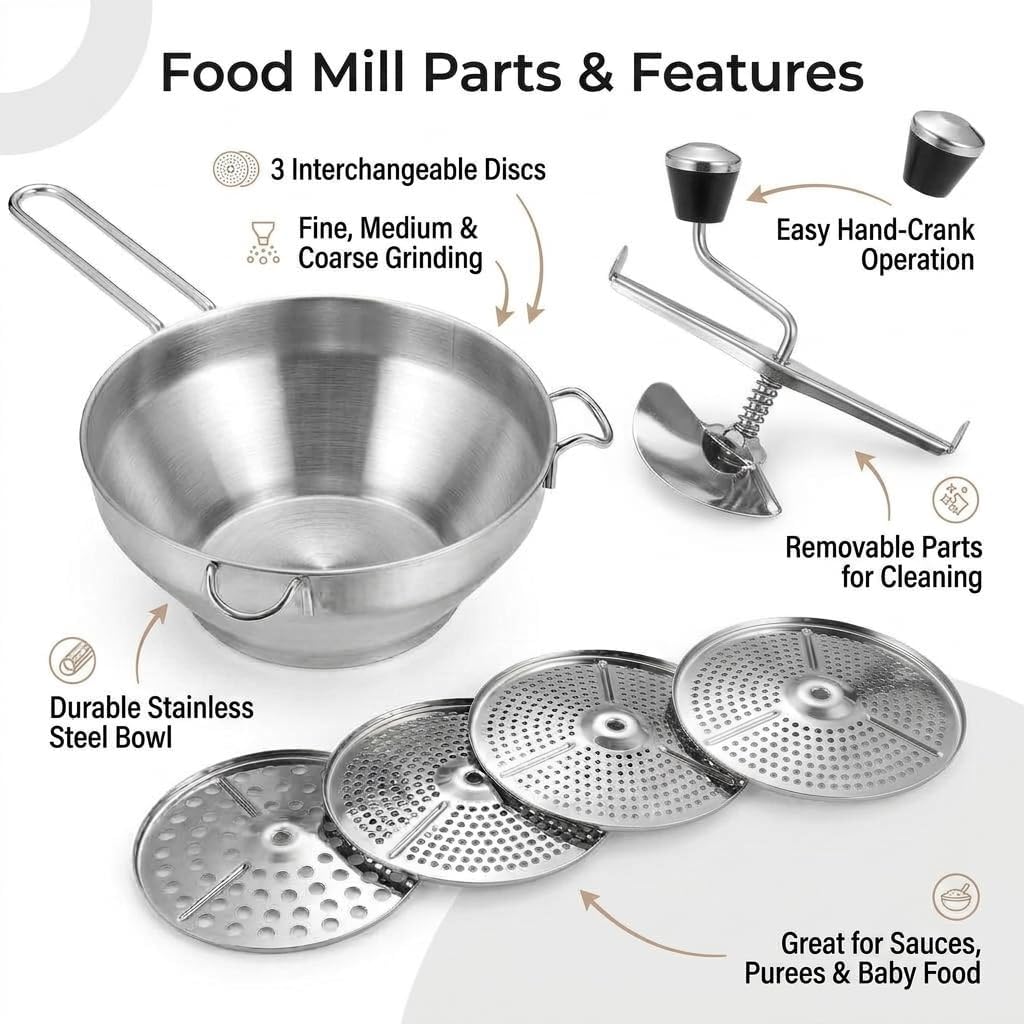 stainless steel food mills and 3 milling disk