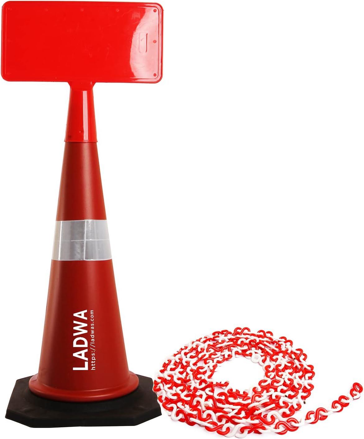 - LADWA 750mm Combo of Impact Resistant Road 1 Traffic Safety Cones + 1 mtr chain + 1 Hooks & 1 Sign Plate with Reflective Strips Collar For Road Attention