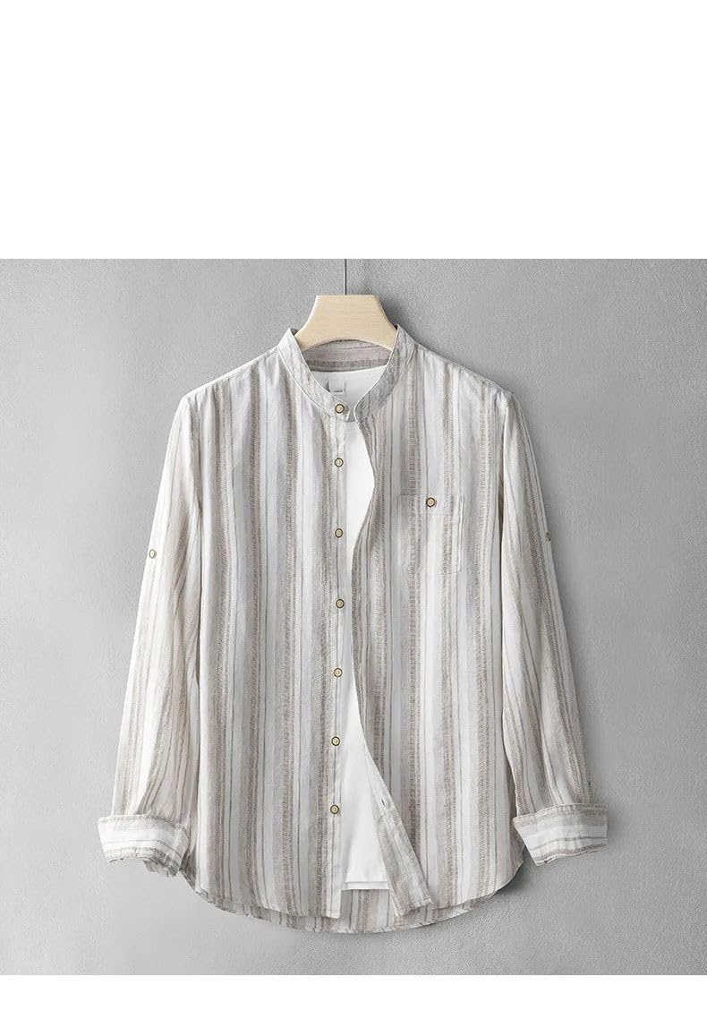 Camisa de lino y algodón a rayas para hombre, estilo japonés, con bolsillo en el pecho, estilo Harajuku, casual, de manga larga, ajustada, clásica