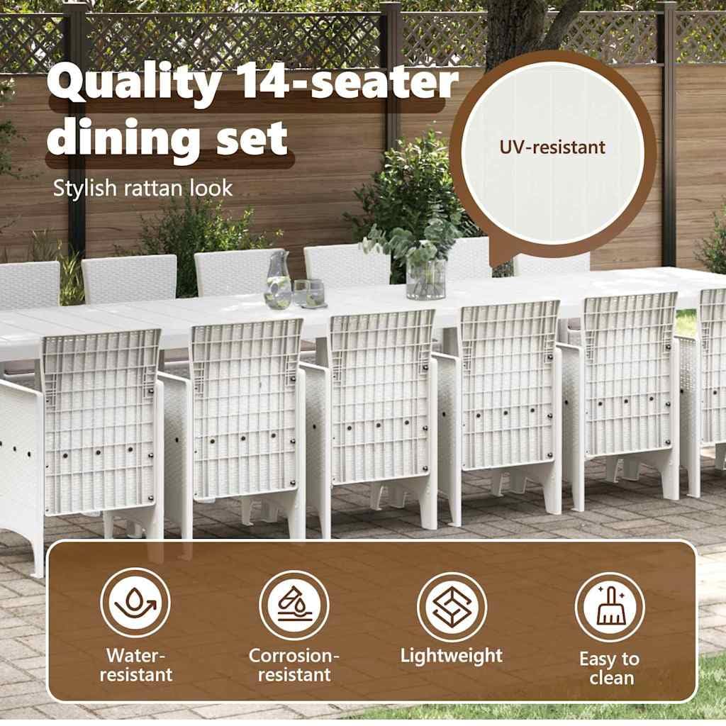 vidaXL Set da Pranzo da Giardino con Cuscini 15 PCS Bianco PP, Set da Pranzo per familiari all'aperto, Rettangolare, arredo Moderno, Chic per Feste in Giardino