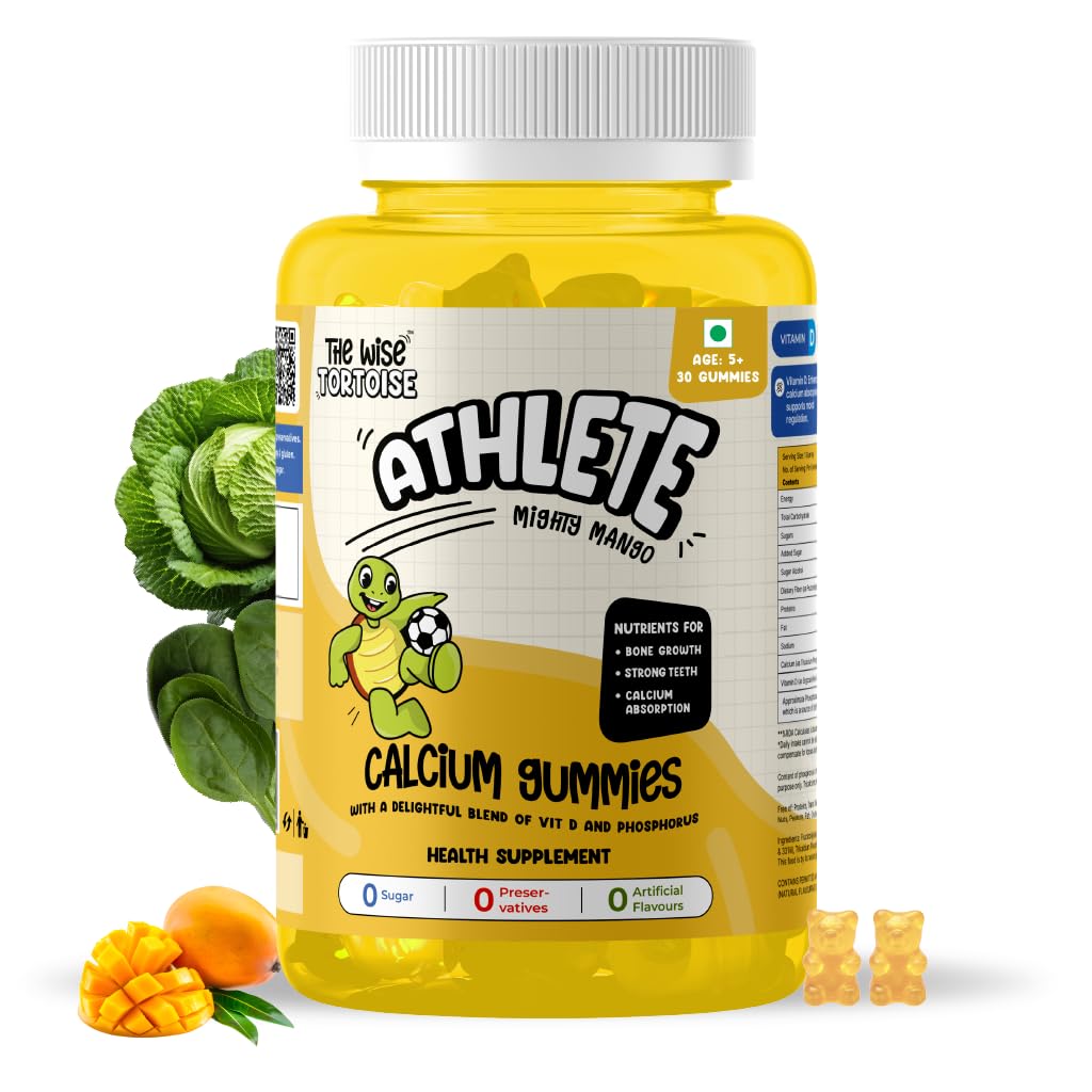 Athlete Kids Calcium + Vitamin D + Prebiotics Gummies | 0 Sugar | Bone Strength, Growth & Teeth Health | 5-15 Years | Mighty Mango Flavor | 30 Gummies | The Wise Tortoise TWT