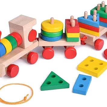 Little Mind Wooden Pull Along Train Toy with Shape Sorter Blocks – Colorful Stacking & Peg Puzzle, Montessori Early Learning Educational Toy, Improves Motor Skills & Shape Recognition for Toddlers 2+