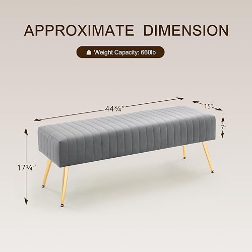 Miniatura 3 de Furnimart Banco otomano moderno de terciopelo gris de 44 pulgadas, banco tapizado moderno para dormitorio, reposapiés, banco interior para entrada,