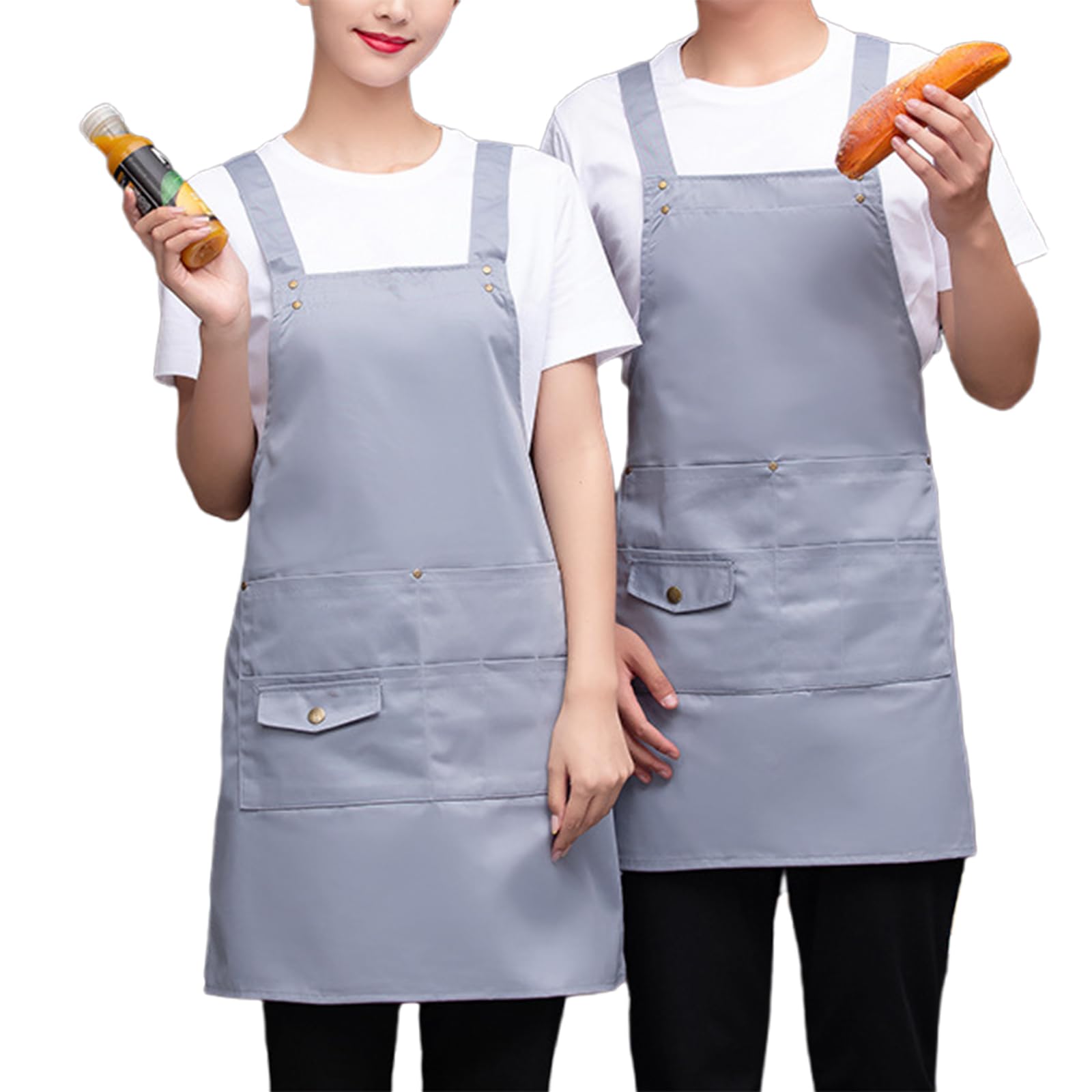Delantal Camarero Delantal Cocina Hombre Mujer con Bolsillos Delantal Limpieza para Cocinar Barbacoa Y Hornear Pintar Tareas Grey,One Size