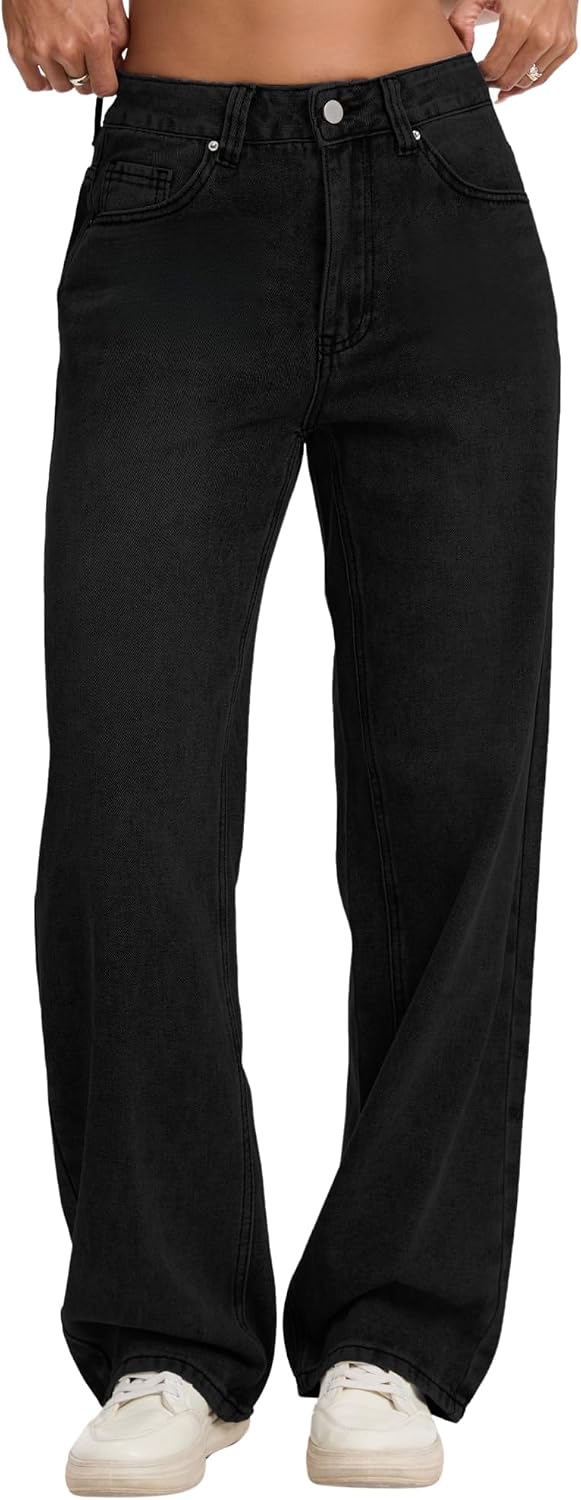 Straight Leg Jeans for Women Mid Waisted Casual Washed...