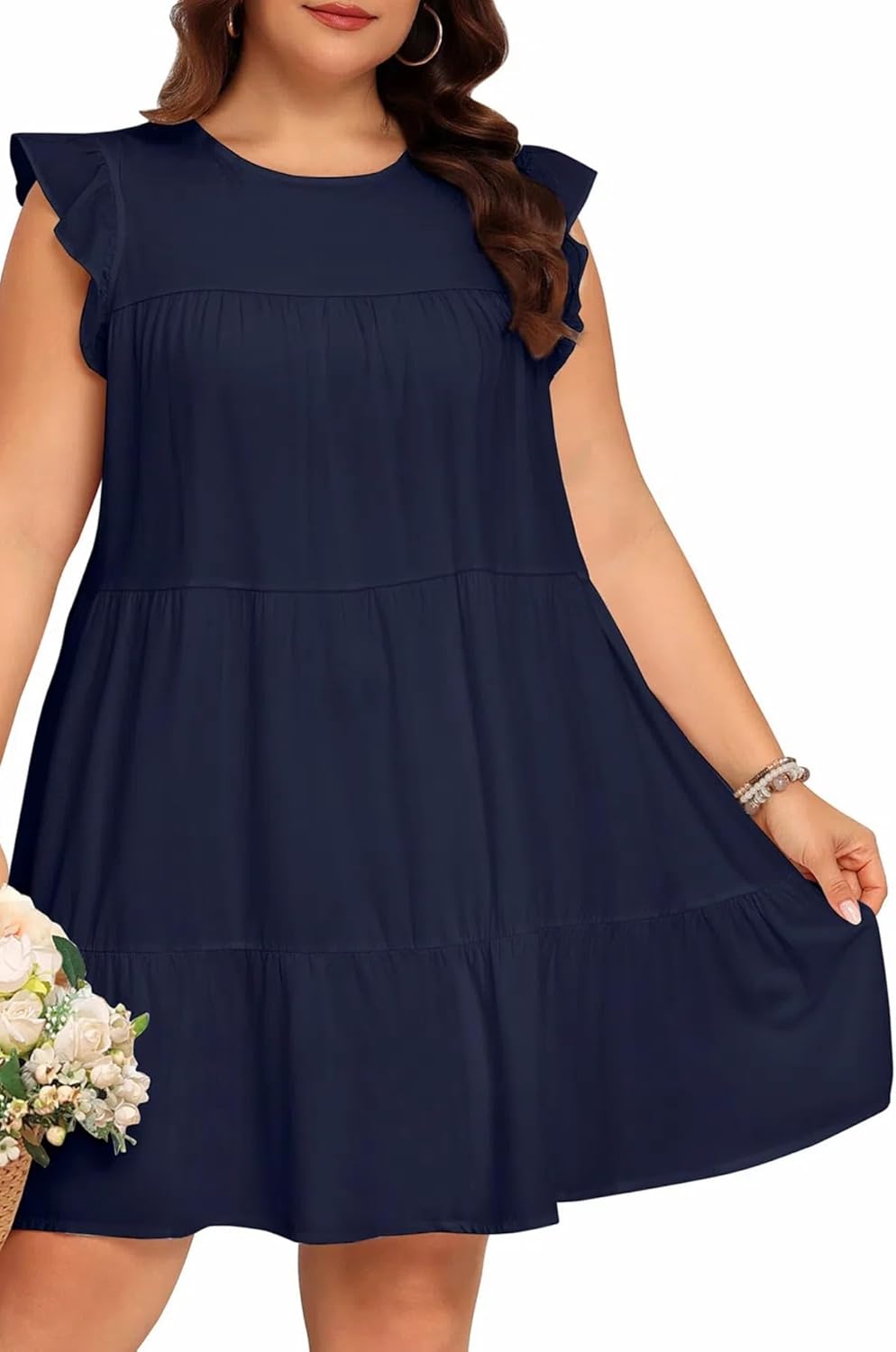 Holipick Women's Plus Size Summer Dresses Casual Short Dress Babydoll Ruffle Sleeve Swing Flowy Sleeveless Tunic Dress