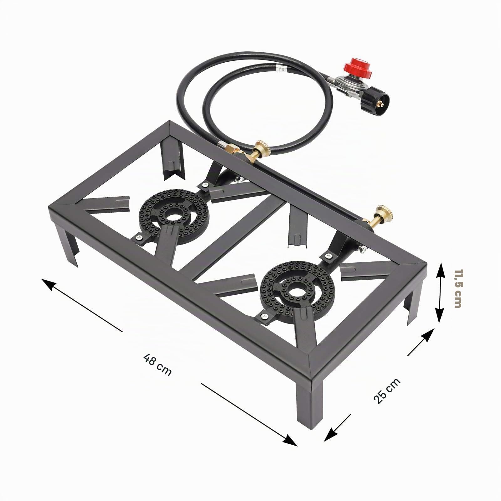 Hornillo de Gas Negro para Exteriores, 8000 W, 48x25x11,5cm Doble Quemador con Manguera reguladora, portátil, para Camping, jardín, Barbacoa, Patas fijas, portátil, Ligera