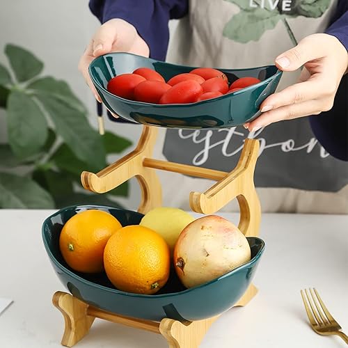 Vista 15 de Cesta de frutas de 2 niveles, frutero de cerámica para encimera de cocina, cesta de frutas para cocina, Fruteros para Cocina, grande blanco