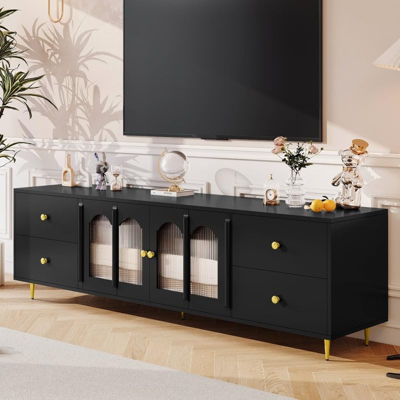 Heera Moti Toji TV Unit | TV Stand Table for Living Room with Arched Fluted Glass Door (Black, Large)-image-39