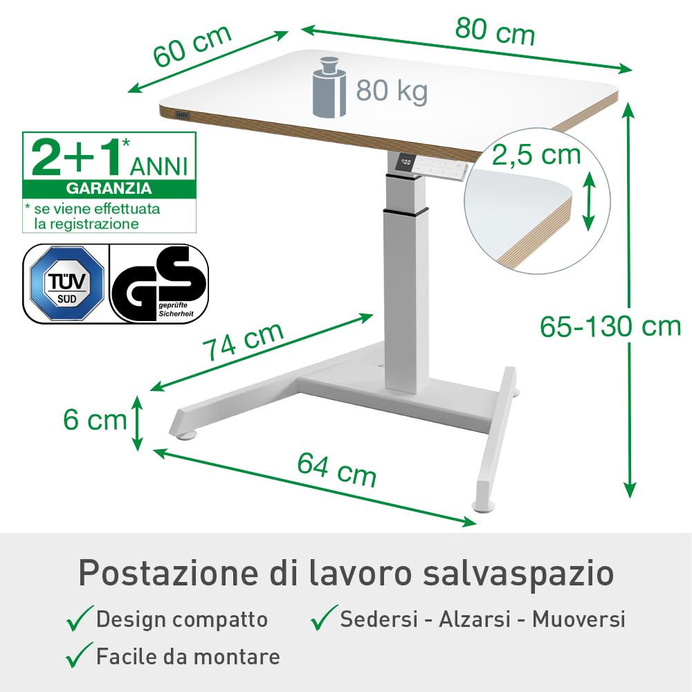 Leitz Ergo Scrivania Ergonomica Sit Stand Mobile con Regolazione Elettrica dell'altezza, Supporta fino a 80 kg, Portacavi Incluso, 80 cm x 60 cm, Gamma Ergo, Bianco, 65340001