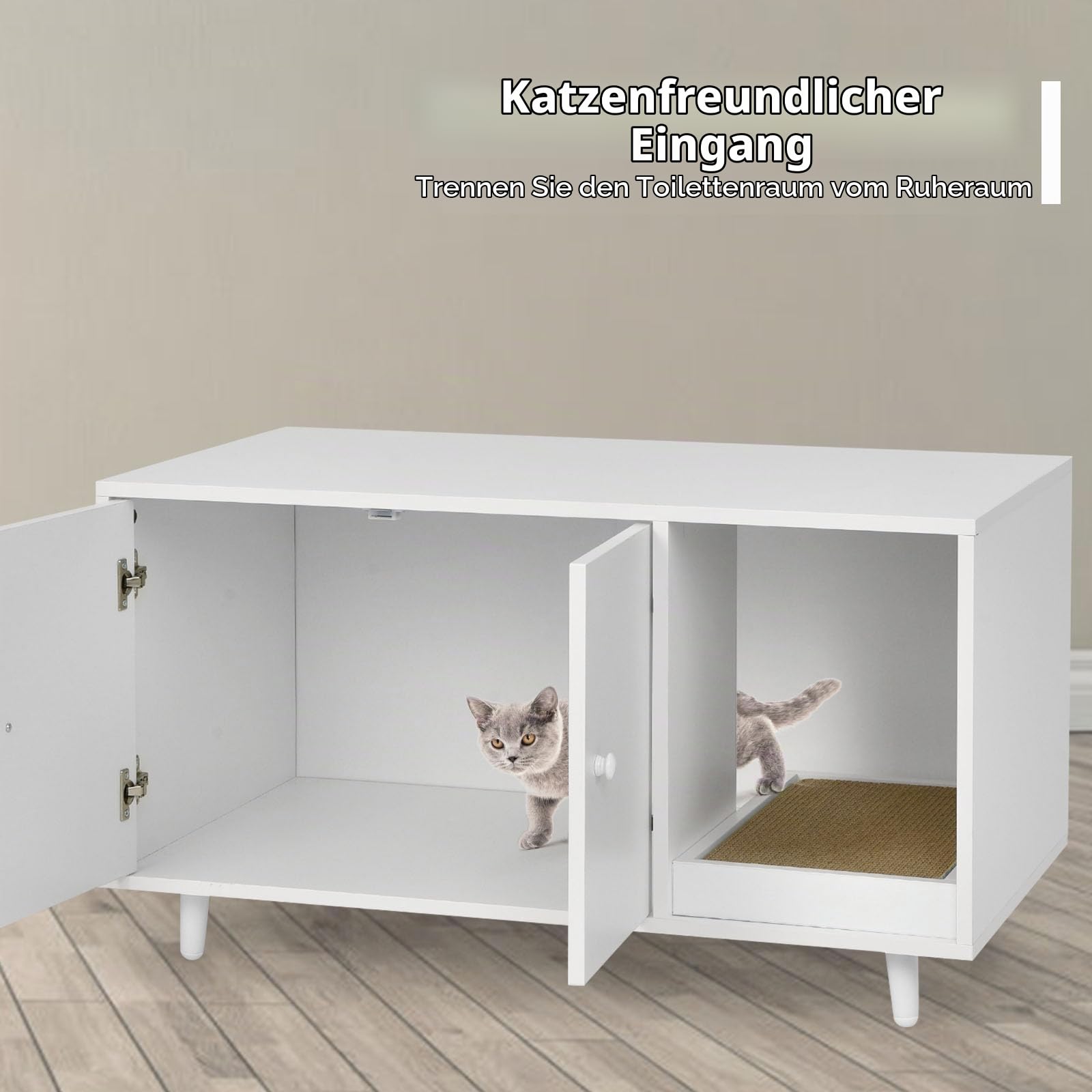 LIFEZEAL 2 in1 Katzenschrank mit Kratzbrett, Kaffeetisch mit Katzenhaus, Katzenhaus mit 2 Türen und hochgezogenen Beine, Katzenklo Katzentoilette Katzenhütte, Braun (Weiß)