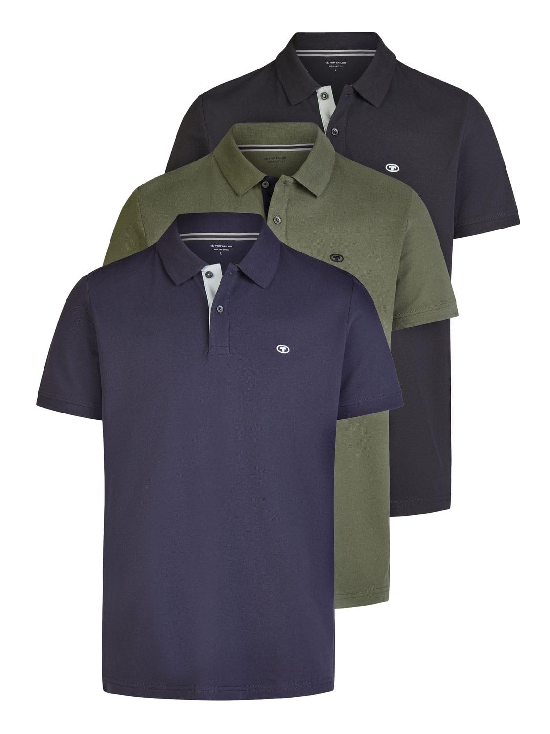 TOM TAILOR Koszulka polo męska z krótkim rękawem, bawełna, regularny krój, zestaw 3 sztuk, na lato, jednokolorowa, biała, niebieska, czarna, oliwkowa, szara, S M L XL XXL 3XL
