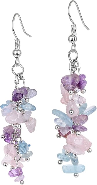 Nupuyai Crystal Stone Long Tassel Drop Earrings for Women, Chakra Healing Stone Dangle Earrings for Wedding Party Vacation, 62mm