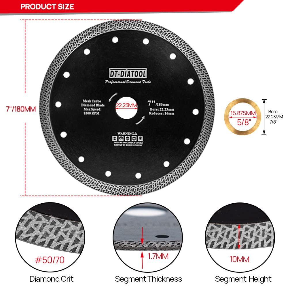 DT-DIATOOL Disque à Tronçonner Diamante 180 mm x 22,23 mm/16 mm Lame de Scie avec Maille Turbo pour Porcelaine Tuile Marbre Céramique Granit